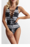 Monochrome Pictographic Lace Up V Neck Teddy /trajes de baño
