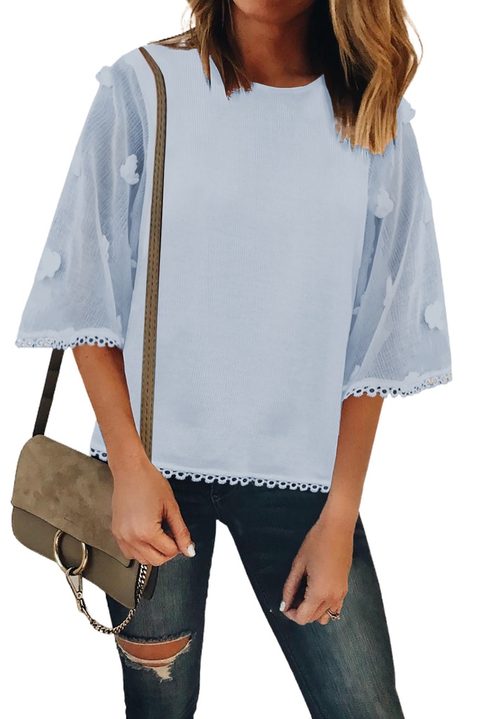Sky Blue Crew Neck Kimono Sleeve Knit Top