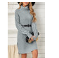Gray Plain Turtleneck Sweater Dress with Slits