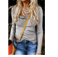 Gray Solid Color Ribbed Texture Slim Top with Button