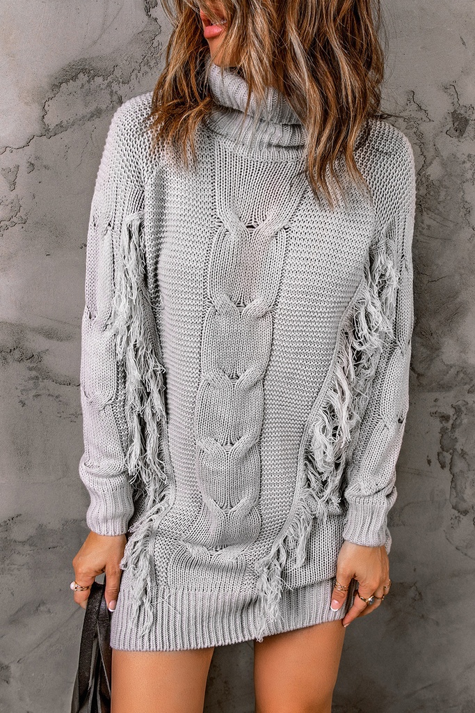 Gray Twist Fringe Casual High Neck Sweater Dress LC273304-11