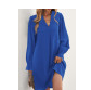 Blue Split V Neck Ruffled Sleeves Shirt Dress