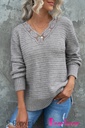 Gray Lace Scalloped V-Neck Side Split Loose Sweater