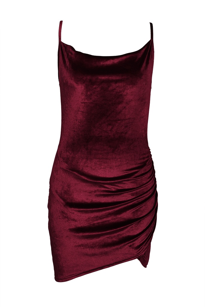 Wine Red Spaghetti Straps Ruched Velvet Bodycon Dress LC228849-3