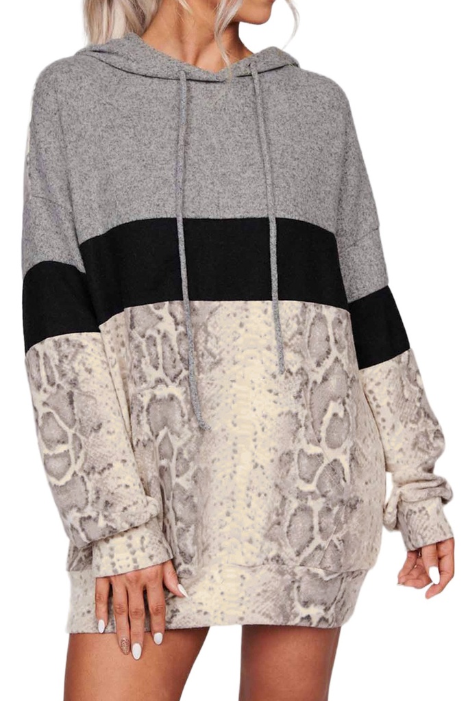 Grey Long Sleeve Snakeskin Print Color Block Hoodie LC253990-11