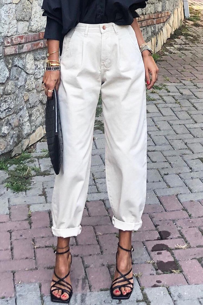 White Solid Color High Waist Harem Jeans