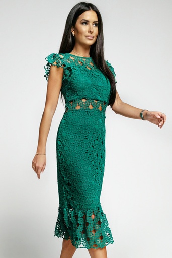 Green Flutter Sleeves Lace Lined Ruffled Midi Dress
