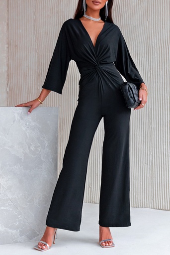 Black Deep V Neck Twisted Wide Leg Jumpsuit