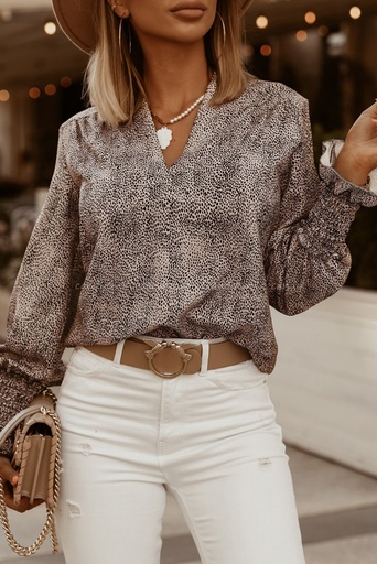 Leopard V-neck Smocking Bishop Sleeve Leopard Blouse