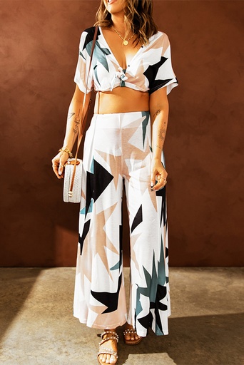 Tropical Print Crop Top and Flare Wide Leg Pants Set