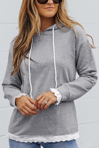 Gray Black/Pink/Gray Plain Hoodie with Lace Trims