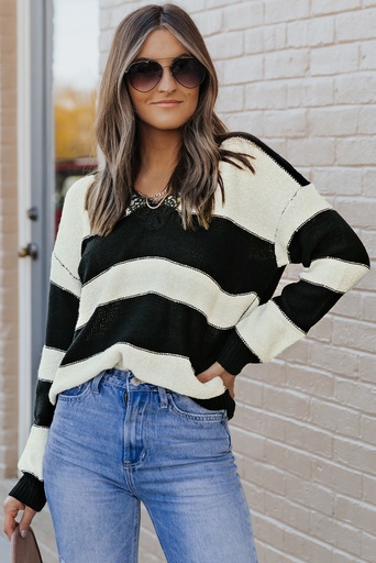 Black Striped Lace Splicing V Neck Knit Sweater
