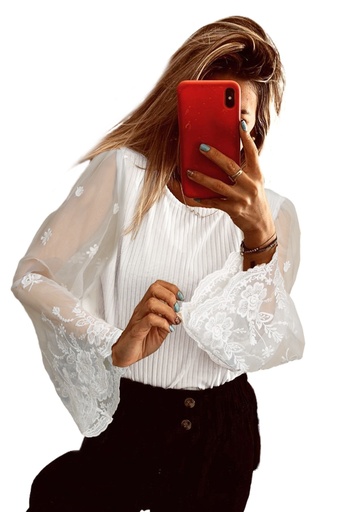 White Flare Lace Sleeve Ribbed Knit Top