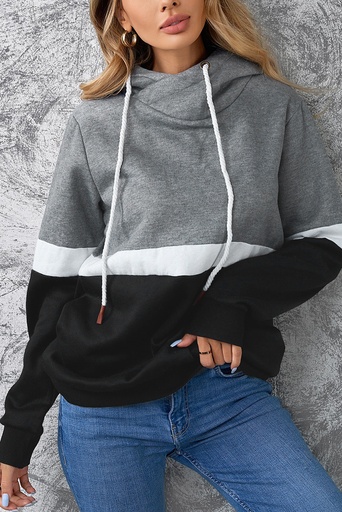 Black Drawstring Cowl Neck Colorblock Hoodie