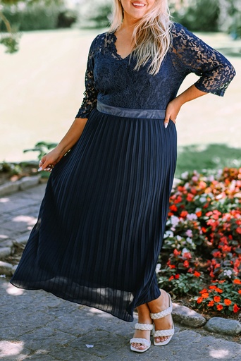 Blue Lace Scalloped V Neck 3/4 Sleeves Pleated Tulle Plus Maxi Dress PL61134-5