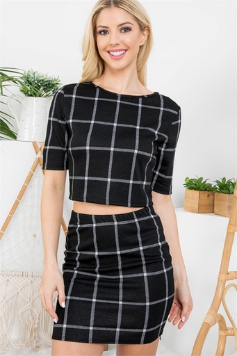 BLACK WHITE CHECKERED DROPPED SHOULDER TOP & SKIRT SET