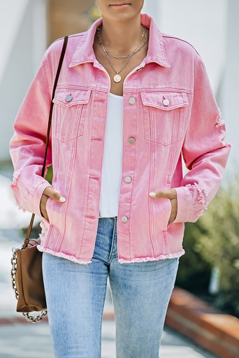 Pink Lapel Distressed Raw Hem Buttons Denim Jacket LC8511504-10