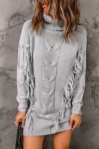 Gray Twist Fringe Casual High Neck Sweater Dress LC273304-11