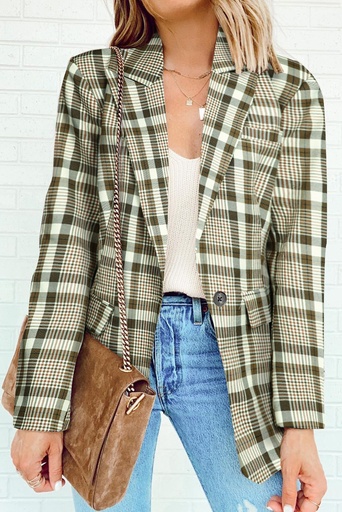 Khaki Plaid Print Lapel Collar Buttoned Blazer LC852187-1016