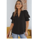 Black Solid Color Half Sleeve V Neck Blouse