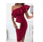 Red Ruffled One Shoulder Ruched Slit Bodycon Dress LC6114615-3