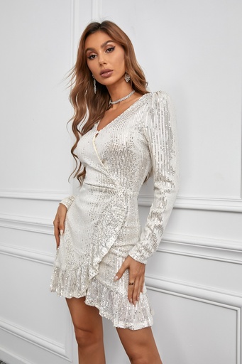 Sequin Ruffle Hemline Wrap V Neck Mini Dress LC228784-18