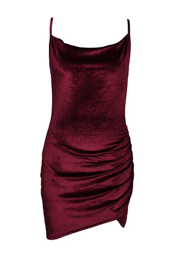 Wine Red Spaghetti Straps Ruched Velvet Bodycon Dress LC228849-3