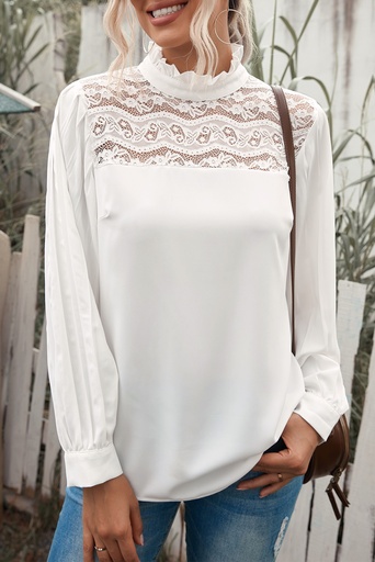 White Ruffled Crewneck Lantern Sleeve Splicing Lace Blouse
