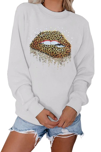 White Crew Neck Leopard Lips Graphic Sweatshirt