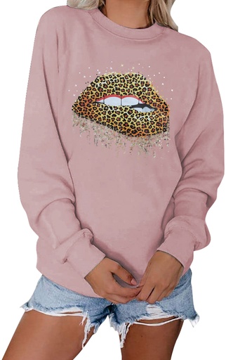 Pink Crew Neck Leopard Lips Graphic Sweatshirt