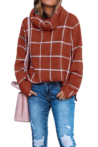 Brown Grid Pattern Turtleneck Sweater