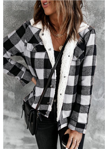 Black Plaid Print Fleece Button Jacket