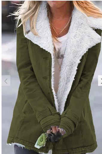 Green Gray Lapel Collar Button Fleece Jacket