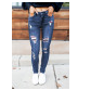 Dark Wash Mid Rise Distressed Plaid Patch Skinny Jeans