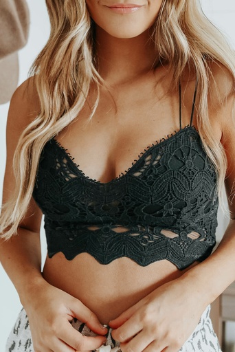 Black Crochet Lace Smocked Criss Cross Spaghetti Strap Bralette