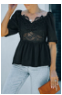 Black Lace Appliqué Hollow-out Puff Sleeve Peplum Top