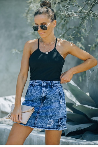 Blue High Waist Distressed Denim Mini Skirt with Pocket LC65682-5