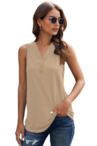Khaki Solid Color Buttons V Neck Ribbed Tank Top
