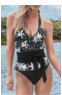 Black Island Night Tropical Print Wrap Tankini Swimsuit/trajes de baño