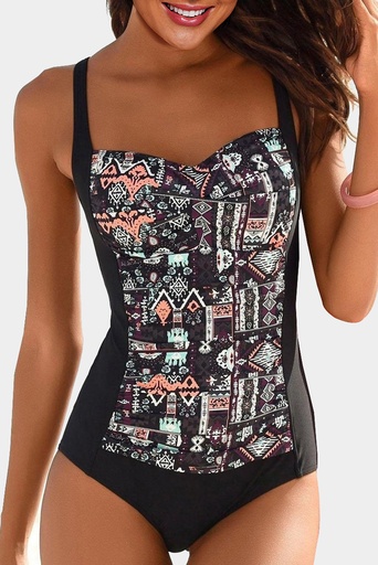 Black Boho Print One Piece trajes de baño