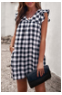 Black Plaid Ruffle V Neck Pocketed Babydoll Mini Dress