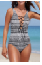 Monochrome Geometry Lace Up V Neck Teddy /trajes de baño